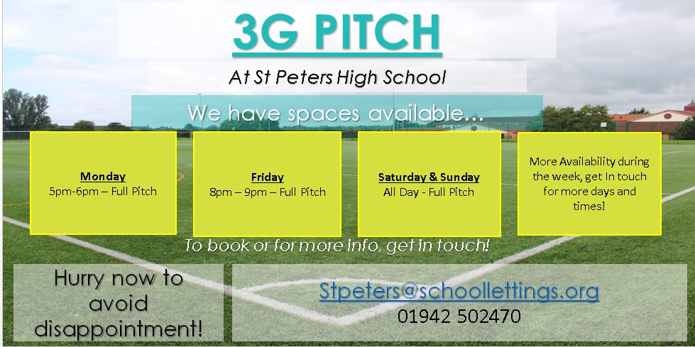 Check out our winter training availability below and ensure training all through the rain &amp; snow!

For all enquirys please contact Cassy on:

TEL: 01942 502470 
EMAIL: stpeters@schoollettings.org