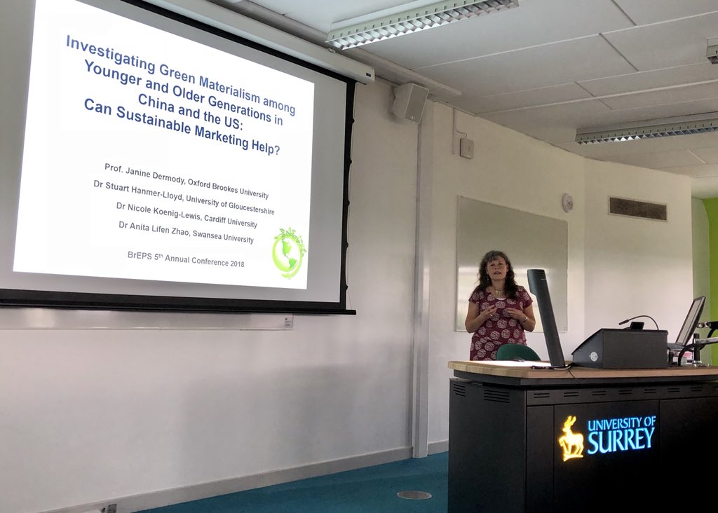 Prof Janine Dermody et al. discussing their research on green materialism and ‘Environaterialists’ and whether sustainable marketing can help <a href="/Br_EPS/">BrEPS</a> #BrEPS18 @EPRCSurrey