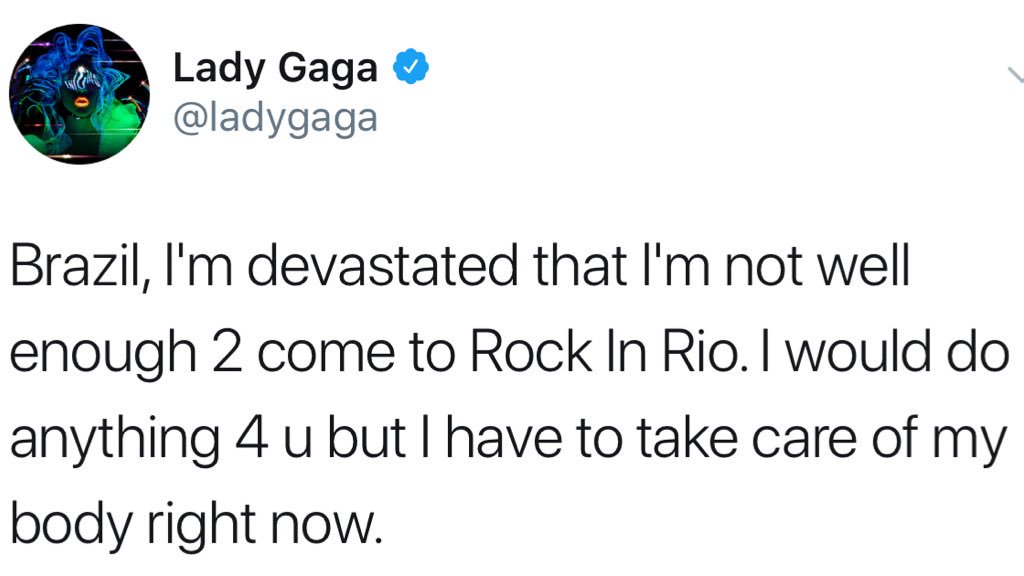 LG_Views's tweet photo. Lady Gaga cancelled her show at Rock In Rio in Brazil, 6 years ago today. 😢🇧🇷
#DevastatedDay https://t.co/dEgcRTX7nz