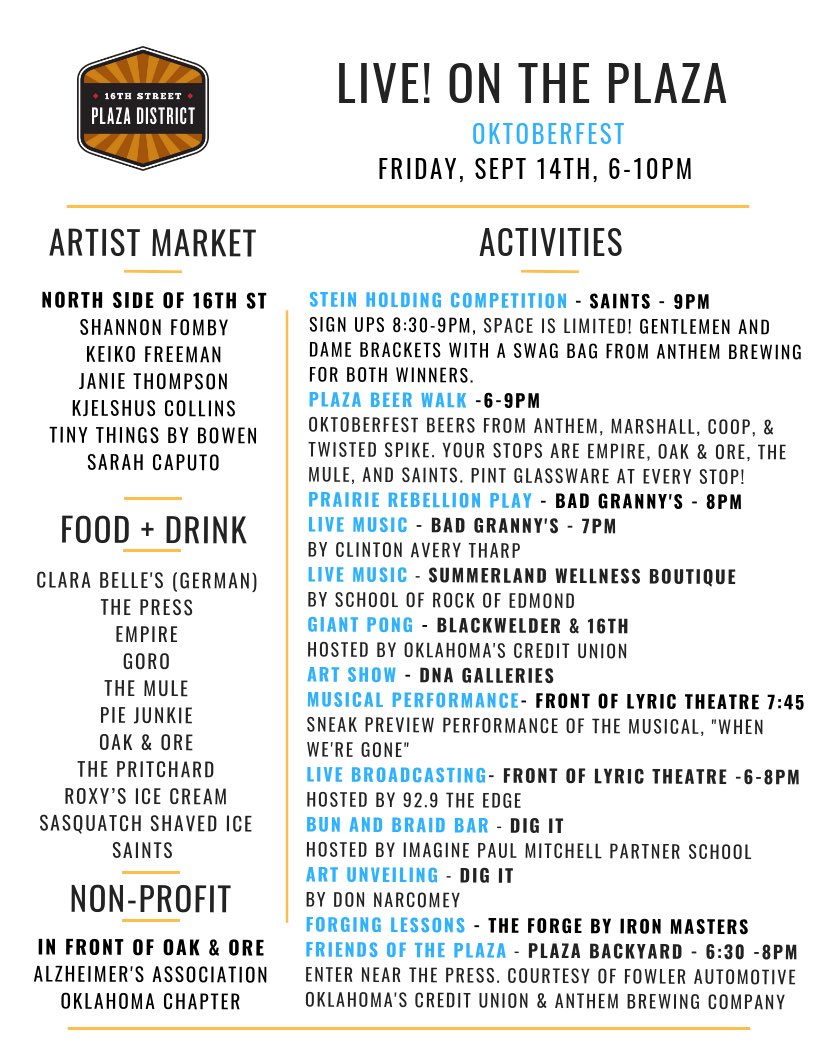 plazadistrict's tweet photo. LIVE! on the Plaza is tonight folks so get ready to party Oktoberfest style! We’re bringing back the @PlazaBeerWalk , hosting a stein holding competition at Saints, performance by @LyricTheatre and more! Full schedule below. #liveontheplaza https://t.co/ZOmoBTCX8W