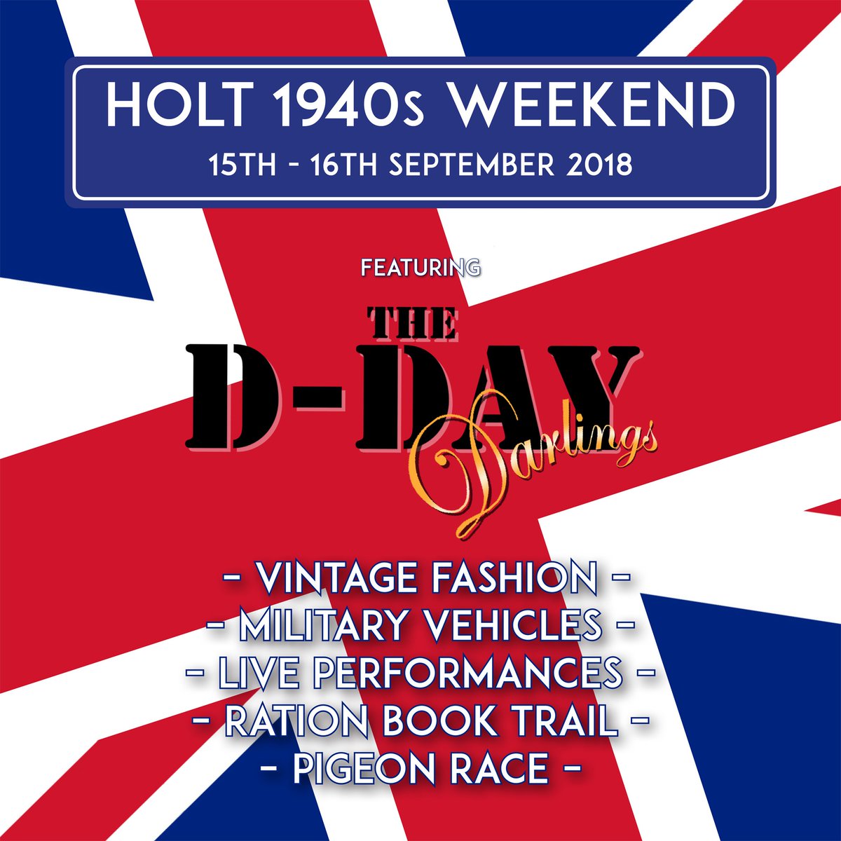Welcome to the Holt 1940s Weekend 2018!

We are proud to present Britain's Got Talent's D-Day Darlings, performing in Holt town centre throughout the day - amongst our full programme of weekend events and shows.

See more at: fortiesweekend.com

#Holt1940s