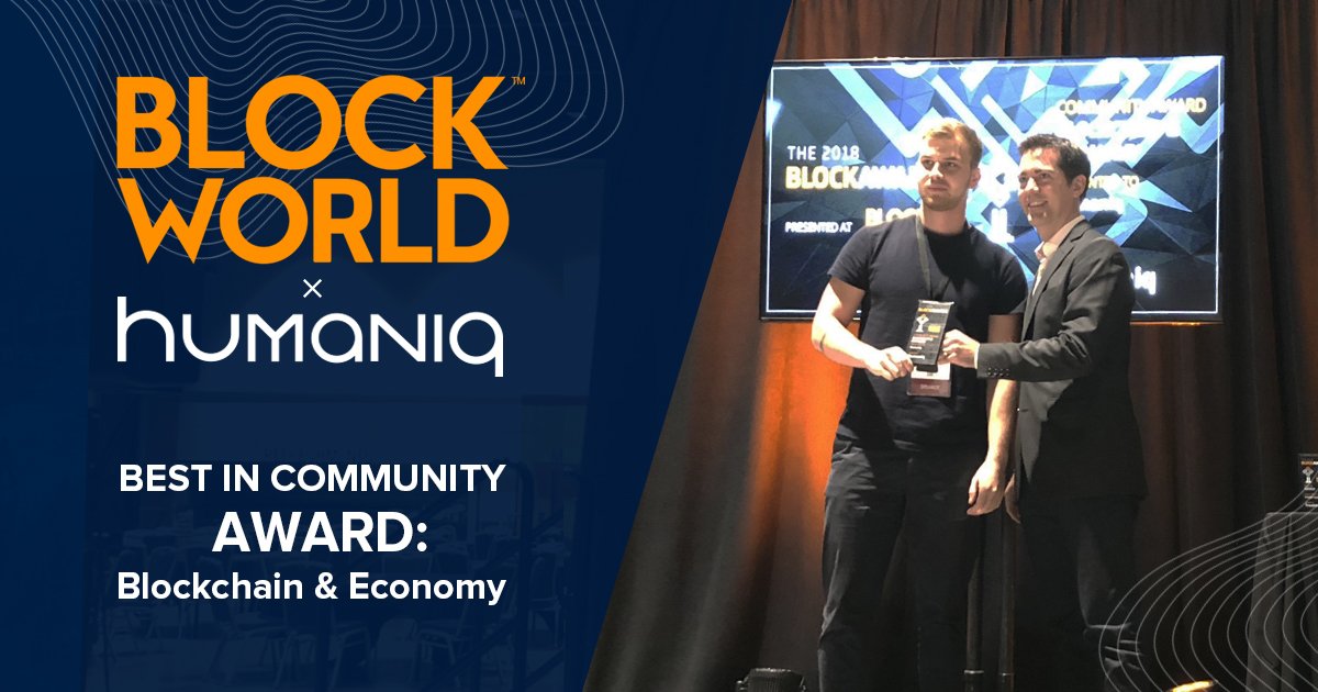 Humaniq's tweet photo. Humaniq won the Community award in the "Blockchain & Economy" category at #BlockWorld18. We are extremely grateful for this prize, which signifies a strong recognition of our merits!
#HMQnews https://t.co/xReaZbLz6F