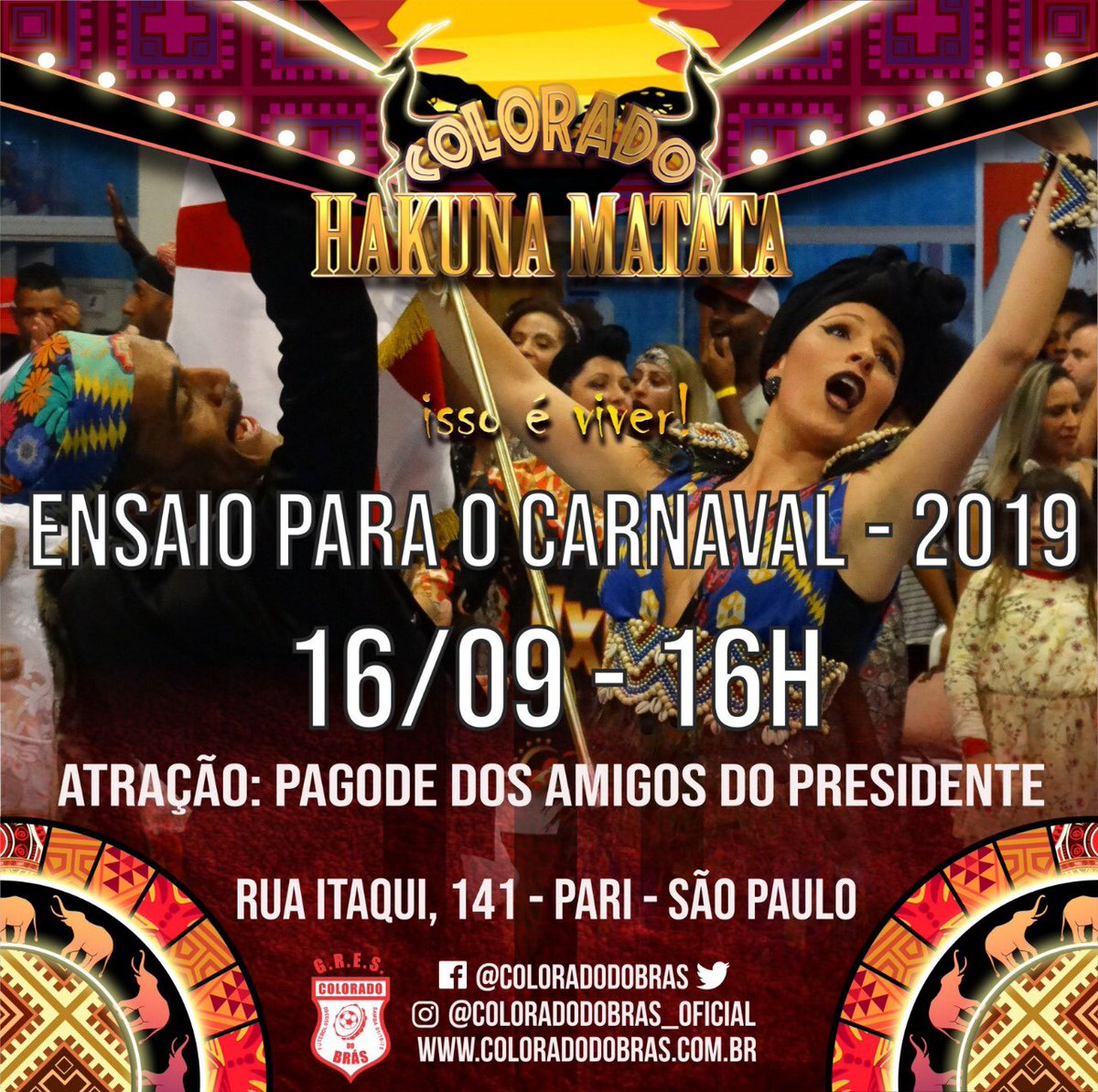 DOMINGO 🗓
Ensaio para o carnaval 2019.
16/09 a partir das 16h.
-Pagode: Amigos do presidente.
-Bateria Ritmo Responsa.

🔴⚪️🥁
#vemtodomundo
#hakunamatata #carnaval2019