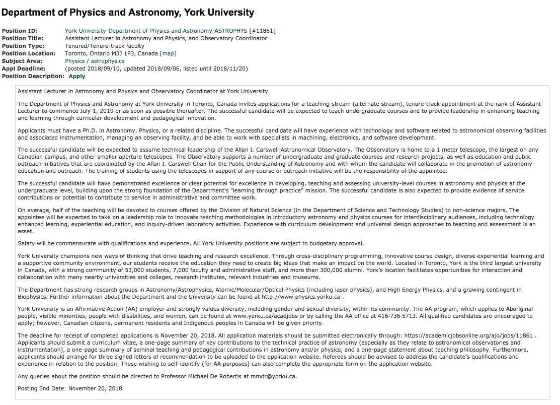 YorkUPhysics's tweet image. #YorkU is hiring a tenure-track Assistant Lecturer in Astronomy and Physics, and Observatory Coordinator. This is a fantastic opportunity to engage with students and the public about #Astronomy.
academicjobsonline.org/ajo/jobs/11861