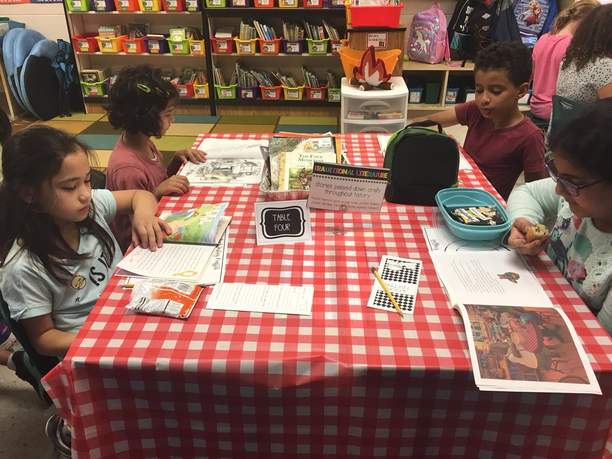 Third grade genre “book tasting.”  Complete with tablecloths, write-in menus, treats that match the books, the company of fellow readers, and... awesome books, of course!  #readingisexciting. @GBW_ES #gbwpride