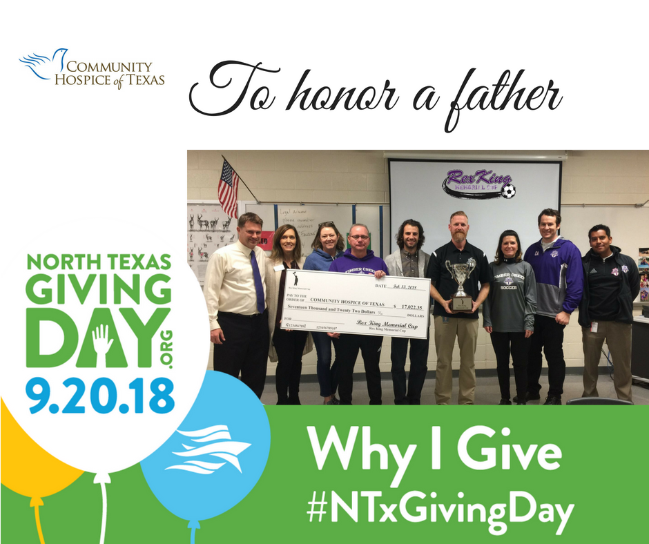 CommHealthTX's tweet photo. Brother and sister Mike King and Kaye Nazarko created the Rex King Memorial Cup tournament to honor their dad's memory &amp; thank @CommHospiceTX for our care in Mr. King's final days. Honor someone you love with a  #NTxGivingDay gift. You can at https://t.co/9I0INLH8t7. #WhyIGive https://t.co/CF34soCu1Q