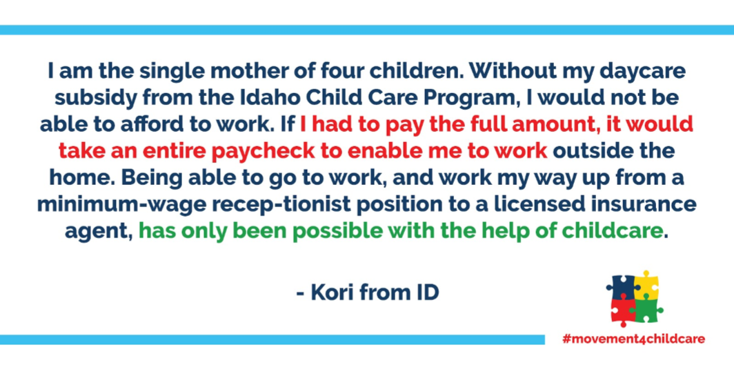 Studies show that working mothers are often paid less because employers believe they’ll no longer have time for their career. Those same working mothers are putting up to 40% of their income toward child care-- it’s not right. #ChildCare4All would change that.