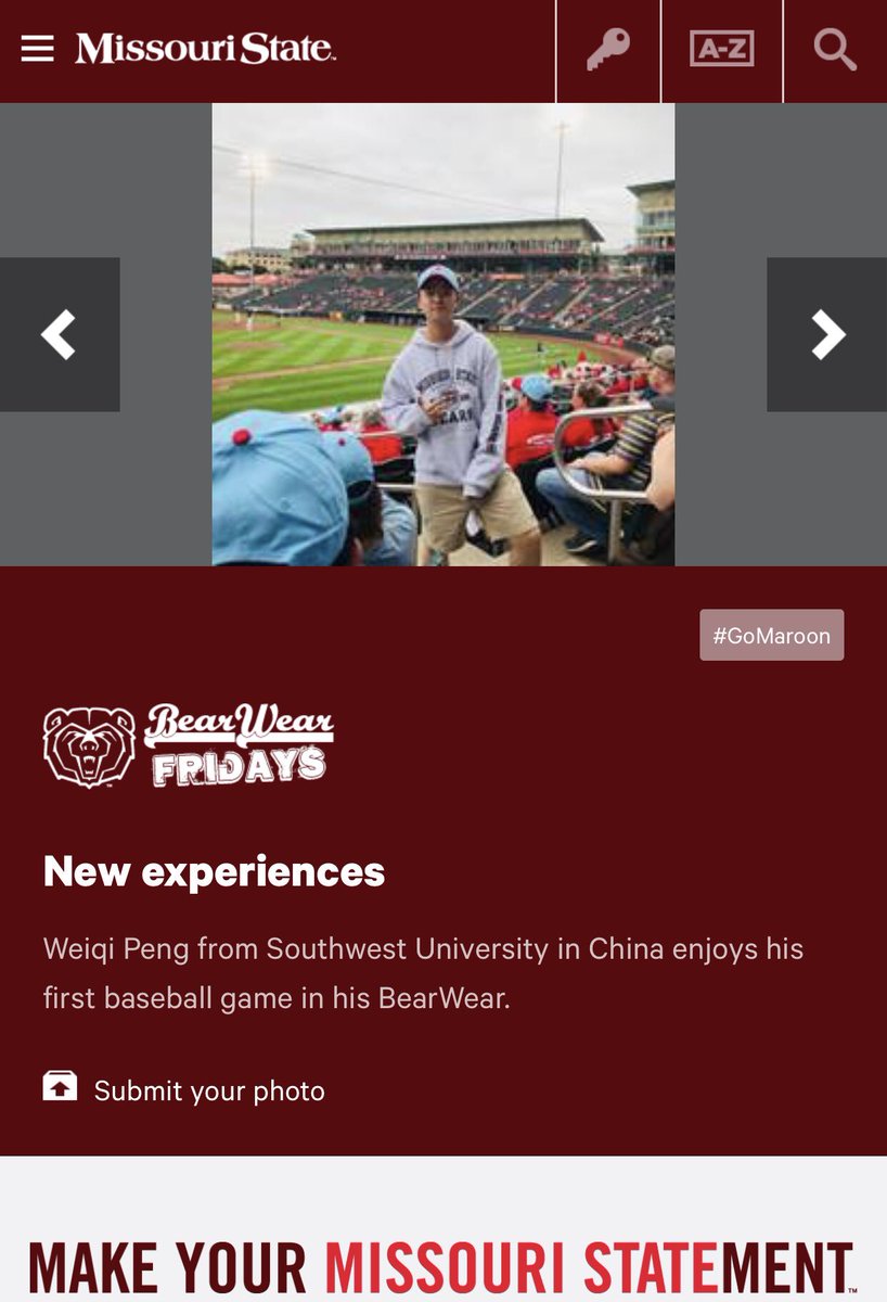 Winnie_yiwu's tweet image. A @MoStateGlobal bear was spotted on the @MissouriState homepage! Weiqi Peng from Southwest university, has studied at Missouri State for a month during the summer. Once a Bear, always a Bear! #gobears