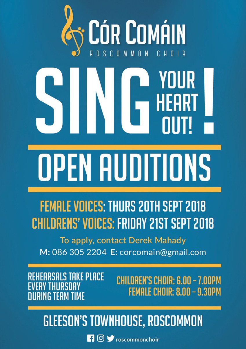 Auditions next week! 
Already buzzing with lots of enquiries!!

Slots filling up fast! Book now ..... send an email to corcomain@gmail.com

#córcomáin #roscommonchoir #derekmahady #Roscommon