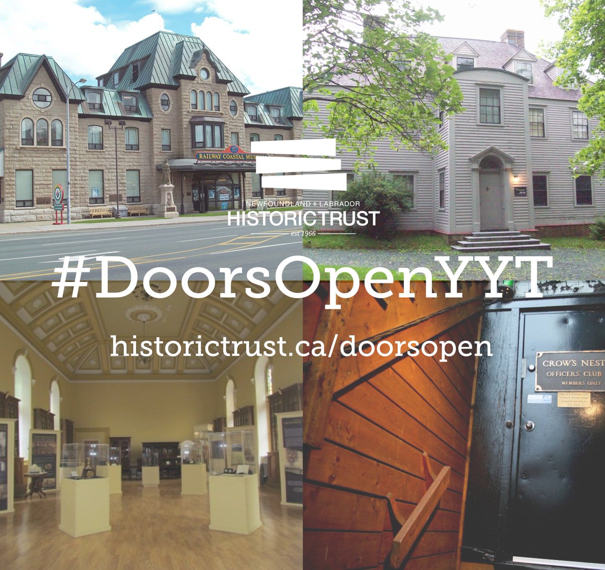 #DoorsOpenYYT returns tomorrow!  Explore built heritage gems like the Railway Coastal Museum, Commissariat House, Basilica Museum, and Crow's Nest, all completely free!  Full details: historictrust.ca/doorsopen