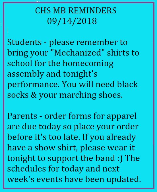CenturyHSBands's tweet photo. Here are few reminders for today everyone. See flyer for details. https://t.co/CvELO1AuTv