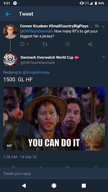 GoopyKnoopy's tweet photo. Alright Twitter fam, I need your help on this one. Only 1500 RT's stand between me and a @OWTeamDenmark jersey. 

Let's make this dream come true. #OWWC2018 #SmallCountryBigPlays https://t.co/3MecpoFeAc