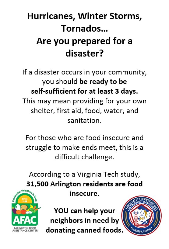 ReadyArlington's tweet photo. According to a study, 31,500 Arlington residents are food insecure. This #HungerActionMonth &amp; #NationalPreparednessMonth, stop by @arlingtonvalib Shirlington Library, donate some canned goods to @AFACfeeds &amp; learn about emergency prep! 

#ARLPrep2018 #NatlPrep #PrepareNow https://t.co/rPhic1fy7u