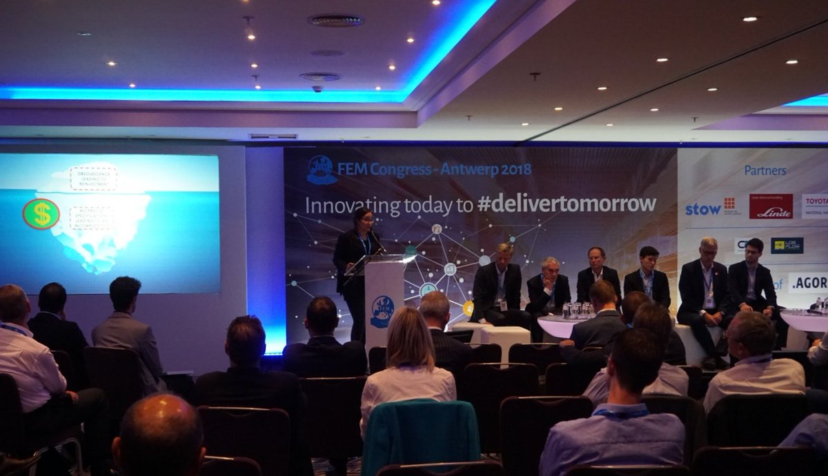 FEM_EUR's tweet photo. Amazing to see the students on stage presenting new ideas and challenging the industry experts on the best way to #delivertomorrow #FEM2018 https://t.co/hfpiD0zOK3