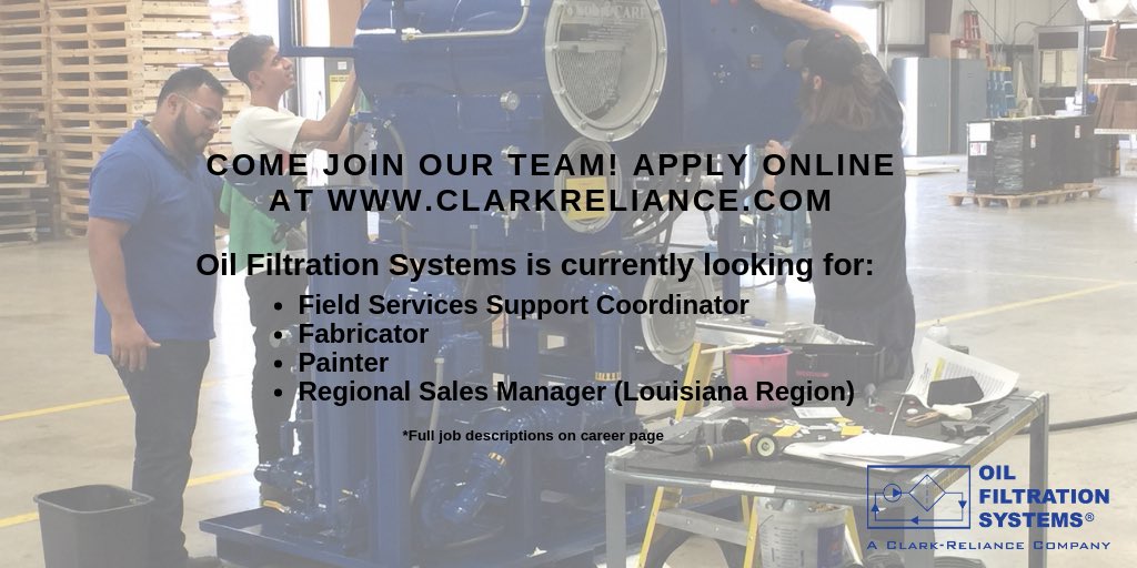 Oil Filtration Systems is now hiring! We invite you to explore all job opportunities available. Take the first step towards your future and grow with us in a career at OFS! Apply online today: clarkreliance.com/careers-2/

#nowhiring #jobopenings #careers #filtration