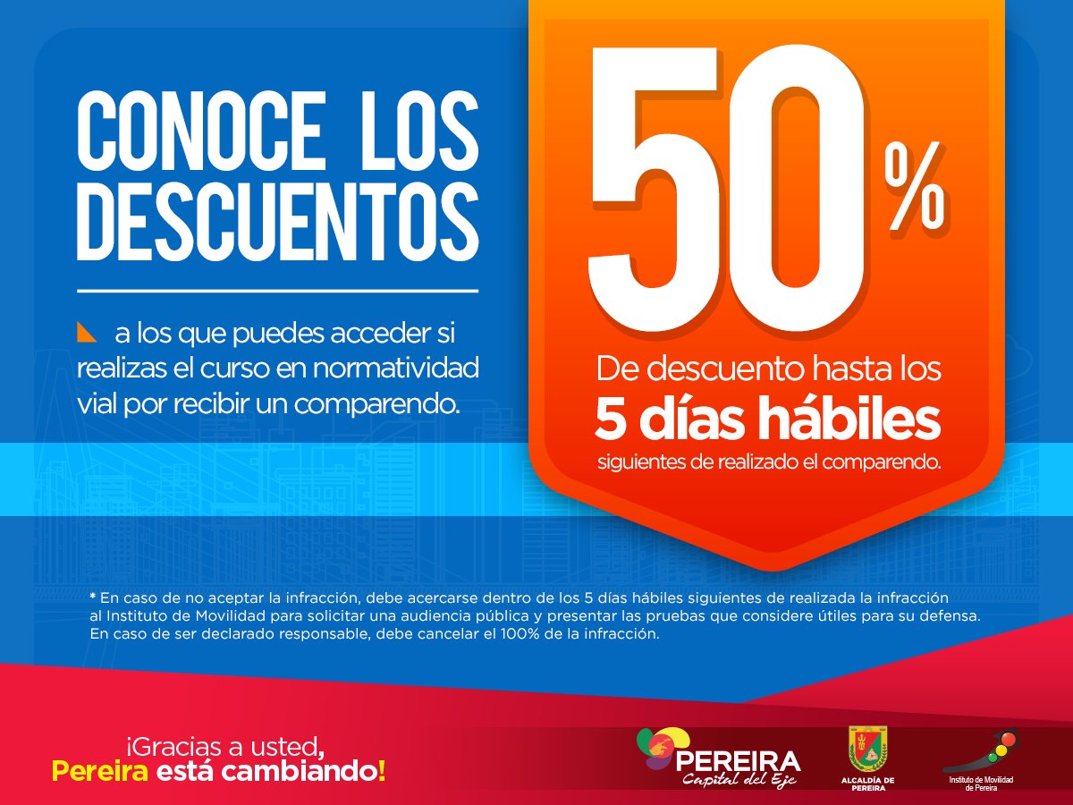 Si tiene un comparendo reciente, aproveche el descuento del 50% si realiza un curso dentro de los 5 días hábiles siguientes. Horarios de los cursos: lunes a viernes / 8am a 10am / 10am a 12pm / 12pm a 2pm / 2pm a 4pm. #MovilidadPereira @Simit_FCM <a href="/MinTransporteCo/">MinTransporte</a> <a href="/Supertransporte/">SuperTransporte 🇨🇴</a>