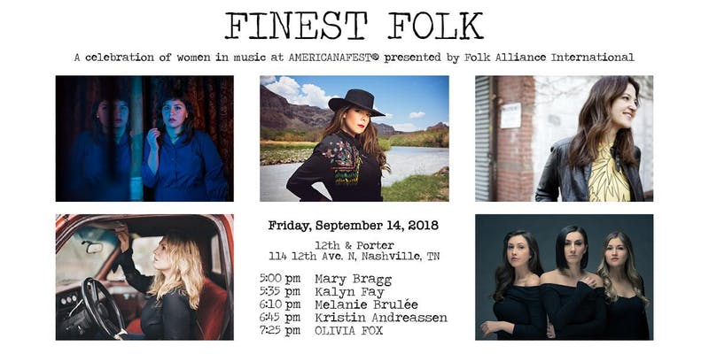 Tonight! Join us &amp; our friends at <a href="/folkalliance/">Folk Alliance</a> to celebrate #WomenInMusic. Featuring an all-female lineup, catch performances by <a href="/melaniebrulee/">Melanie  Brulée</a>, @kalynfay, <a href="/kristinand/">Kristin Andreassen</a>, <a href="/marybragg/">Mary Bragg</a> &amp; <a href="/weareoliviafox/">OLIVIA FOX</a>. Music starts at 5 p.m. #12thandporter #americanafest