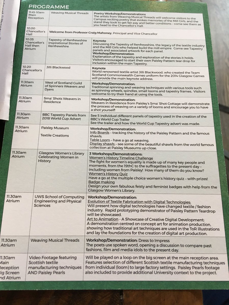 RenTapestry's tweet photo. The gorgeous flyers and programme for the @UniWestScotland event on the 27th with @Sma_Shot @PaisleyWeave @womenslibrary @Jilli_Blackwood and more #paisleyis #renfrewshire #textiles https://t.co/7HlJEbhcvE