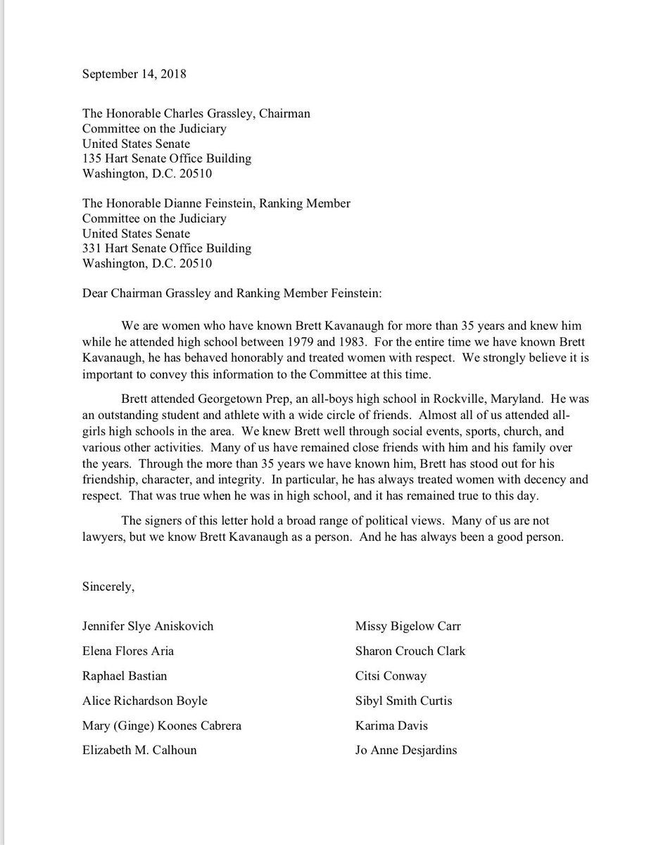 Phil_Mattingly's tweet photo. Shortly after the NYer story posted, Senate Judiciary Committee Rs circulate a letter from 65 women who knew Kavanaugh in High School, vouching for his character: https://t.co/HDEeHiZklP
