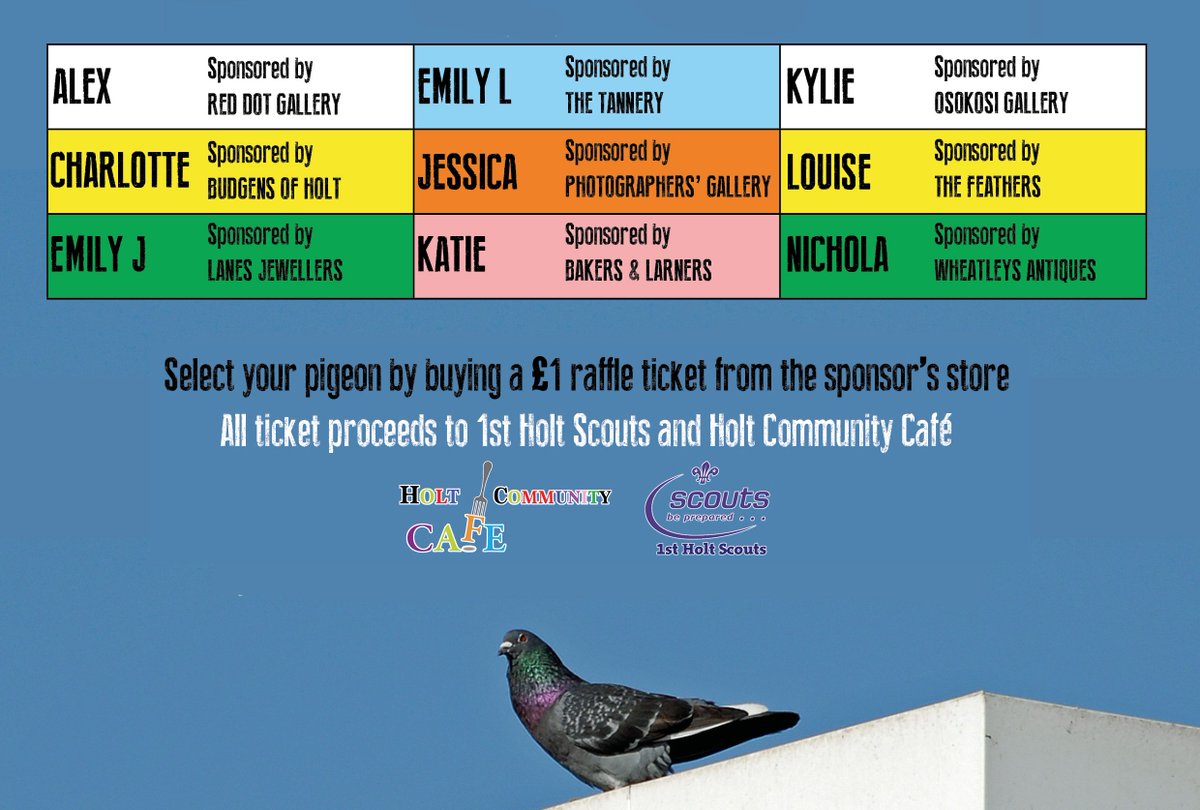 The Holt 1940s Weekend Pigeon Race is taking place at at 1:00pm today!

Each of our racers is named after one of the D-Day Darlings. Select your winner from our Holt store sponsors to enter our voucher prize draw! #Holt1940s

Which will you choose?

bit.ly/2Qo698E