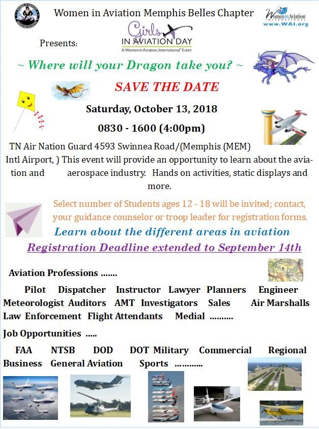 Duffels4Kids's tweet photo. Deadline is Sept. 14 (TODAY) for the #Memphis Girls in Aviation Day! Girls ages 9-18 will learn about aviation &amp; the aerospace industry. This is a great outing for the #foster youth in your care: https://t.co/y8DMOQ2ehH https://t.co/mXj09EhO3z