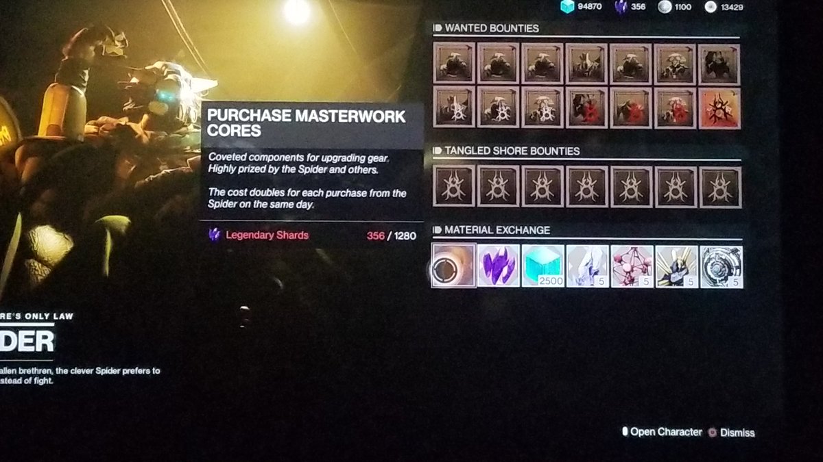 keithericjanis's tweet photo. @BungieHelp is there a solution coming for the Spider/shards/cores glitch? Lost 1500 plus shards and now this appears in the menu. https://t.co/JttVda9ABY