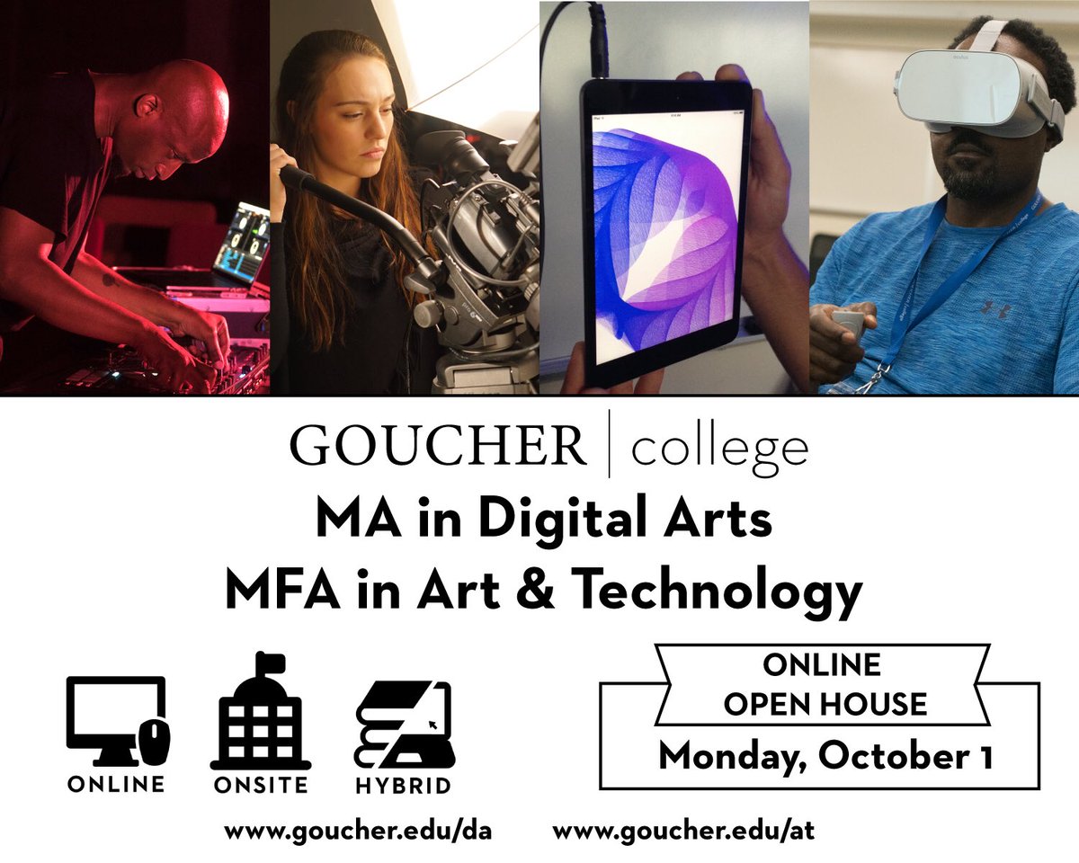 goucherMFAAT's tweet photo. Join current students, faculty, and alumnae/i of the M.A. in Digital Arts and M.F.A. in Art &amp; Technology programs on Monday, 10/1, for a conversation about the curriculum and student experience at Goucher.

https://t.co/HXUaMXn7rI https://t.co/TOShYQxD60