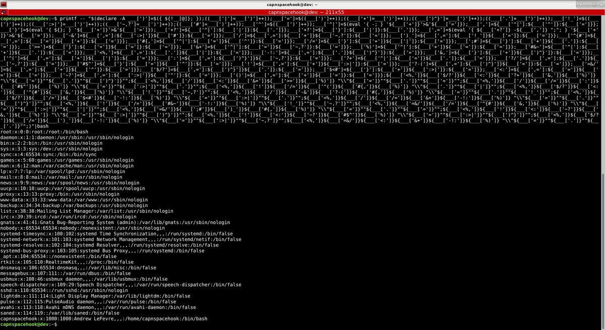 capnspacehook's tweet photo. As I was porting @danielhbohannon's Special-Char-Only obfuscation method over to Bash, as one does, I discovered something interesting. This obfuscation technique does not work when Bash is in debug mode.... 😎 @DissectMalware #bash #obfuscation #bashfuscation https://t.co/WA9xVv48py