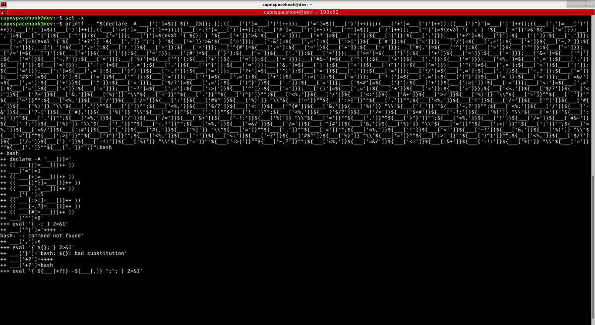 capnspacehook's tweet photo. As I was porting @danielhbohannon's Special-Char-Only obfuscation method over to Bash, as one does, I discovered something interesting. This obfuscation technique does not work when Bash is in debug mode.... 😎 @DissectMalware #bash #obfuscation #bashfuscation https://t.co/WA9xVv48py