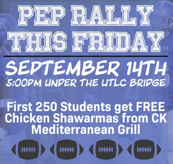 LawrenceTechU's tweet photo. 🏈 Pep Rally tonight (9/14) begins at 5 pm under UTLC bridge. First 250 students get free chicken shawarmas from CK! #BlueDevilsDare @LTU_FB @MrKabob https://t.co/JHPs1UdNxc