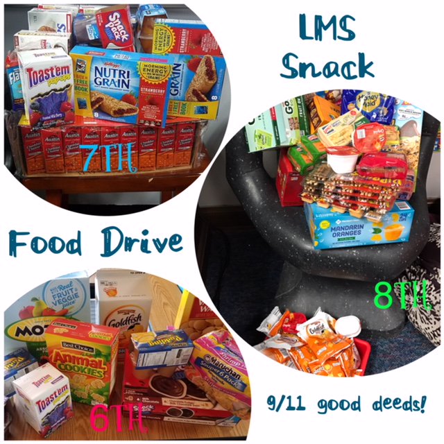 LMSWriting's tweet image. Students and staff at LMS honored 9/11 Remembrance Day by conducting a snack food drive all week! A big shout out to everyone who donated and helped make our drive a success! #RollMules
