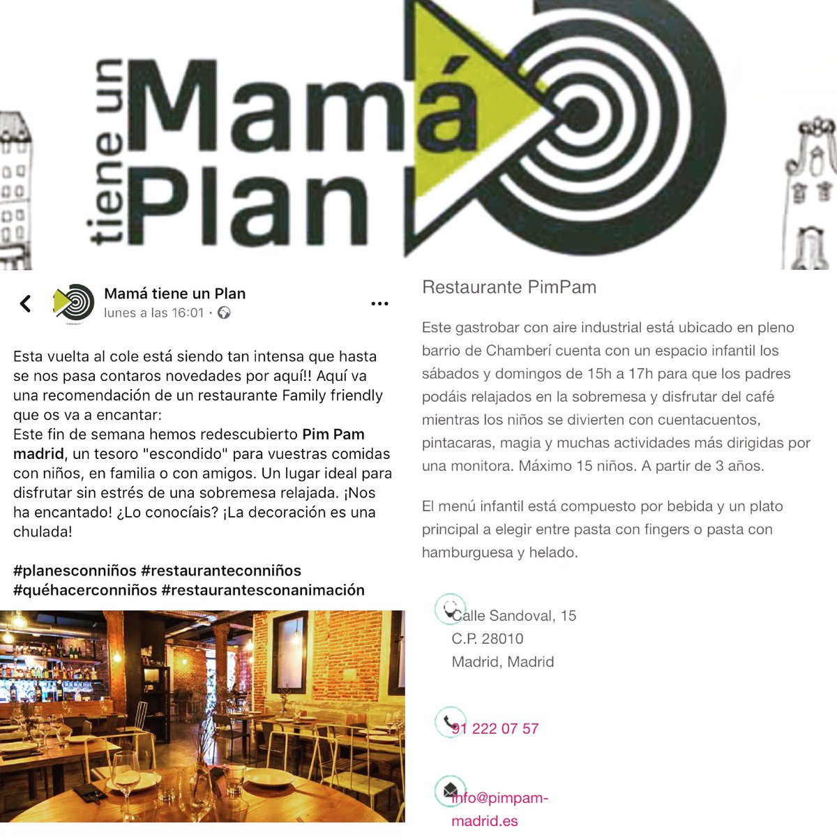 pimpammadrid's tweet photo. Nos encantan los PLANAZOS de @mamatieneunplan!!! 😉😜🔝
#pimpamkids #restaurante #restaurantMadrid #kids #niños #planesconniños #restauranteconniños #quehacerconniños #restaurantesconanimacion #niñosMadrid #planconniños #madridconniños #sandoval15 #chamberi #malasaña #madridmola https://t.co/LVW6uOgurB