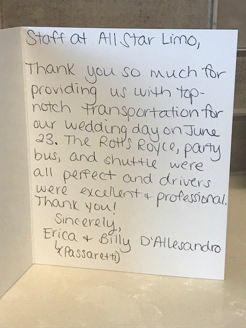 allstarlimo's tweet photo. Loving this thank you card! Always honored that our brides and grooms allow us to be part of their special day! #allstarlimo #weddingtransportation #librideandgroom #libride #bridetobe https://t.co/3OYOfeoKlR