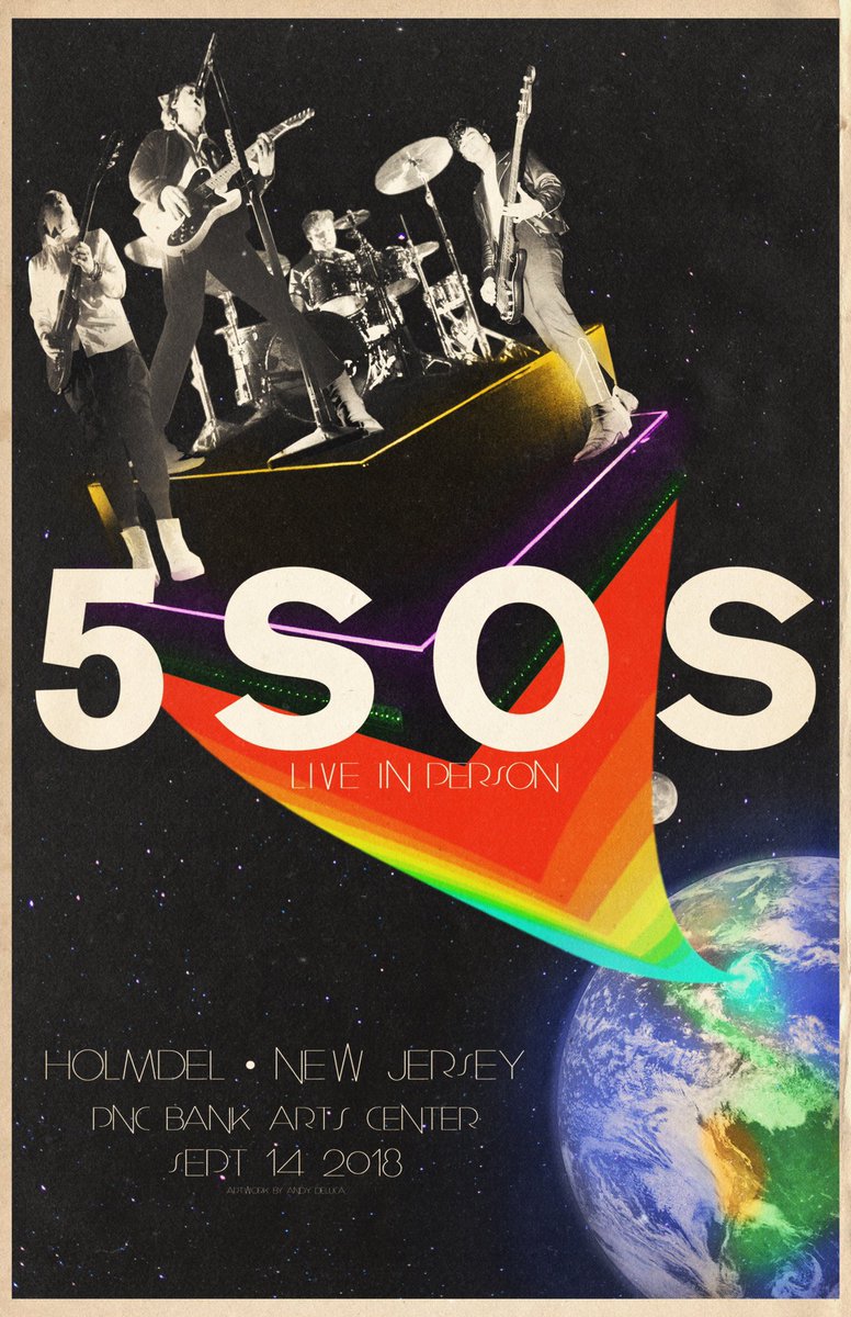 shmandeluca's tweet image. Did you know the @5SOS drum riser also doubles as a space station? 

Tonight. New Jersey. Performing live. In person. See them with your very own eyes. See you tonight New Jersey. 

Poster artwork by me.