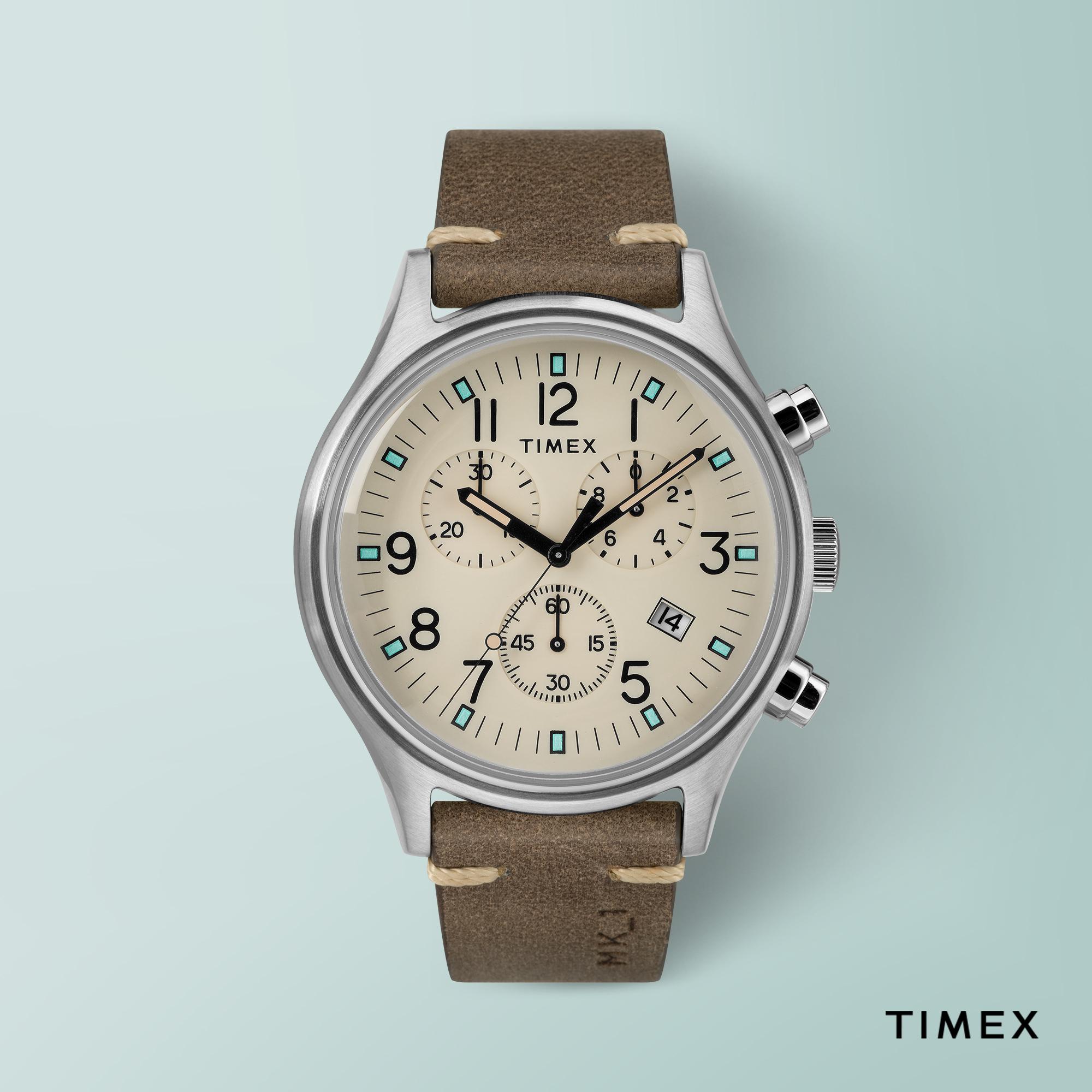 Timex on X Our latest MK1 finds its appeal in the unexpected like the contrast stitching and turquoise against the cream colored dial. timex timexmk1 MK1 Steel Chrono 42mm TW2R96400 https t fvNaDxl...