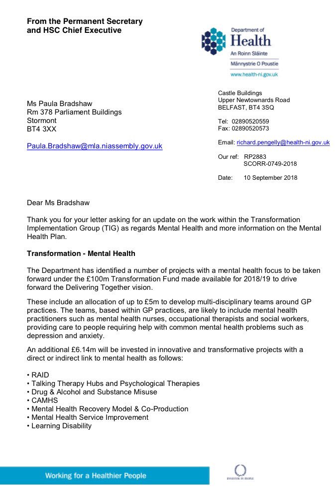 PaulaJaneB's tweet photo. *Mental Health - Transformation Agenda*
I recently wrote to the Department of Health asking for an update on how mental health services are being incorporated into the Health Transformation Agenda. Here is the response: https://t.co/CQSPEgUBPD