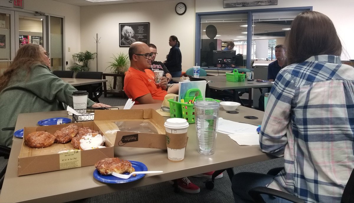 CC_DLC's tweet photo. Coffee and Conversation is happening now! Come join the conversation and enjoy a doughnut! :) https://t.co/PVxNkQJYnL