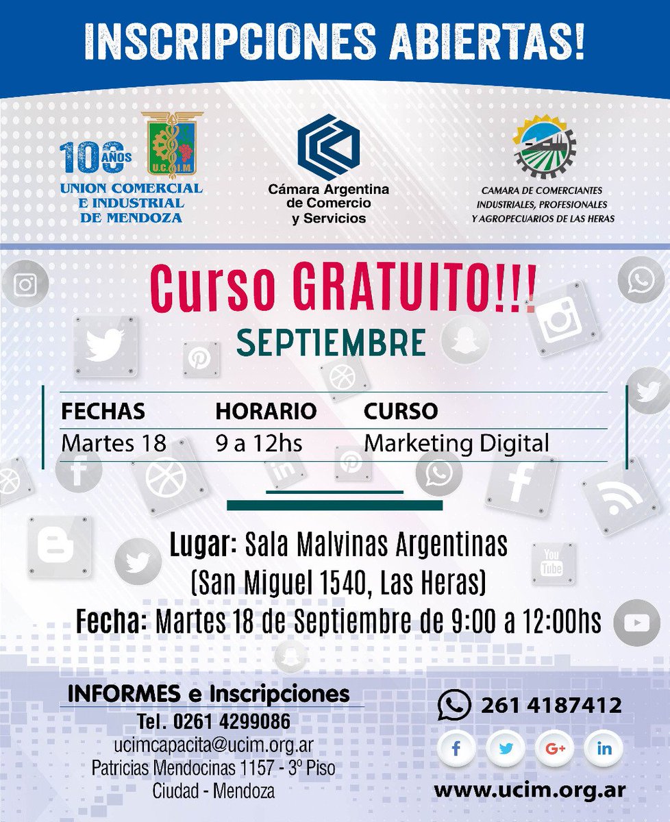 #MarketingDigital

📣Te invitamos a que participes del curso de "Marketing Digital".

📆 Martes 18/9
🕘 De 9 a 12 hs.
📍Lugar: Sala Cultural Malvinas Argentinas

✅ Informes e Inscripciones:
ucimcapacita@ucim.org.ar
Tel: 4- 299086