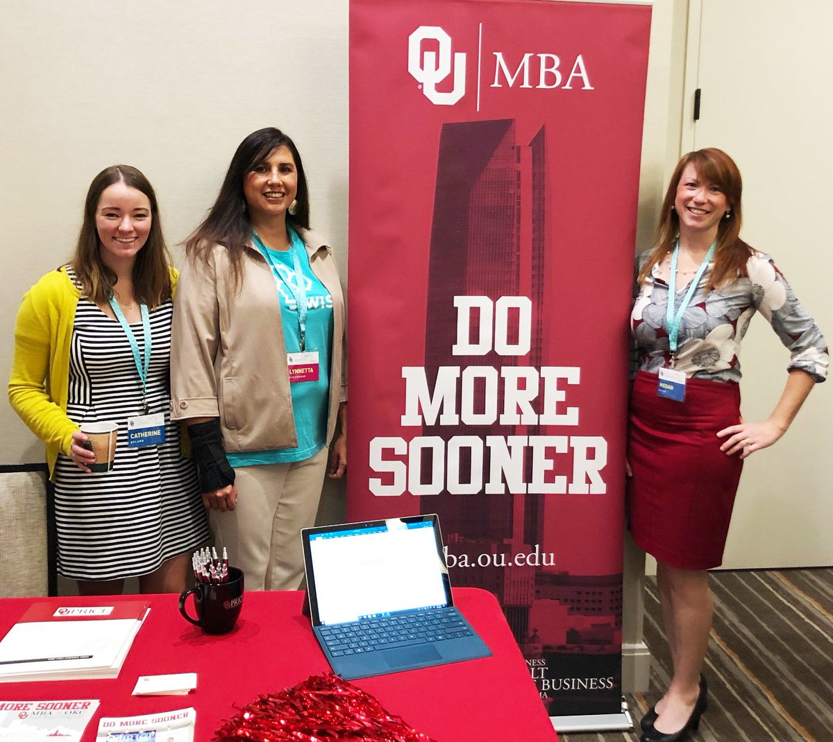 OU_MBAOKC's tweet photo. Today we’re at the inaugural OK WISE conference supporting women in STEM & Entrepreneurship! Full-time MBA student Cat Hyland & PMBA student Lynetta Eyachabbe are shown with Recruitment Director Megan Allen. #WISE18 #DoMoreSooner #OUMBA #STEM #motivation #OKC https://t.co/gAiTGvvK1c