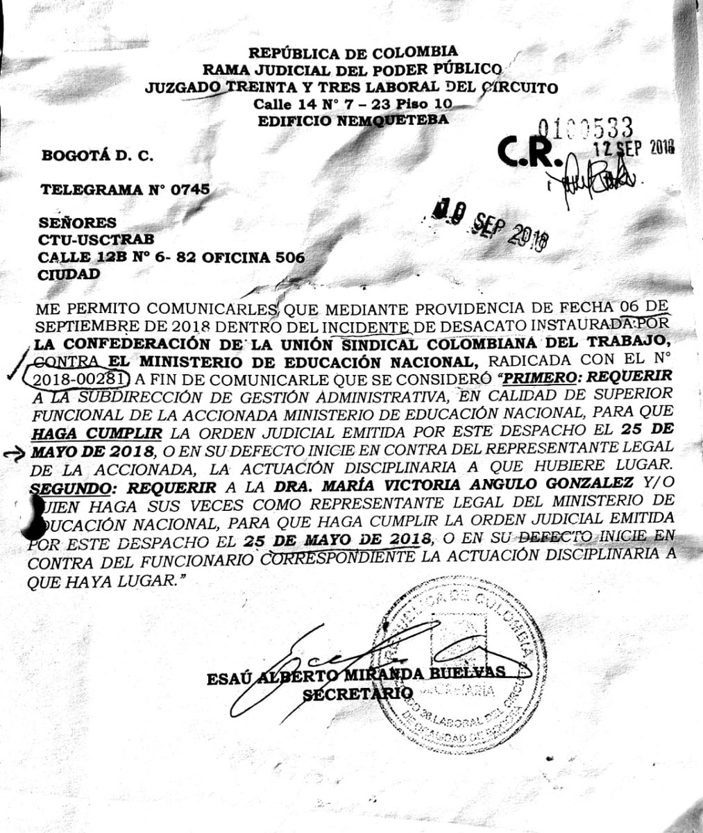 fagaro2001's tweet photo. Aceptado desacato  interpuesta x CTU USCTRAB contra MinEducación por violación al DERECHO DE NEGOCIACIÓN COLECTIVA @usctrab @Mineducacion @infopresidencia @AliciaArango @IvanDuque @MintrabajoCol @CIDH @ONU_es @VictoriaBxE @CaracolRadio @BluRadioCo @FiscaliaCol @PGN_COL https://t.co/t88UbGzZRi