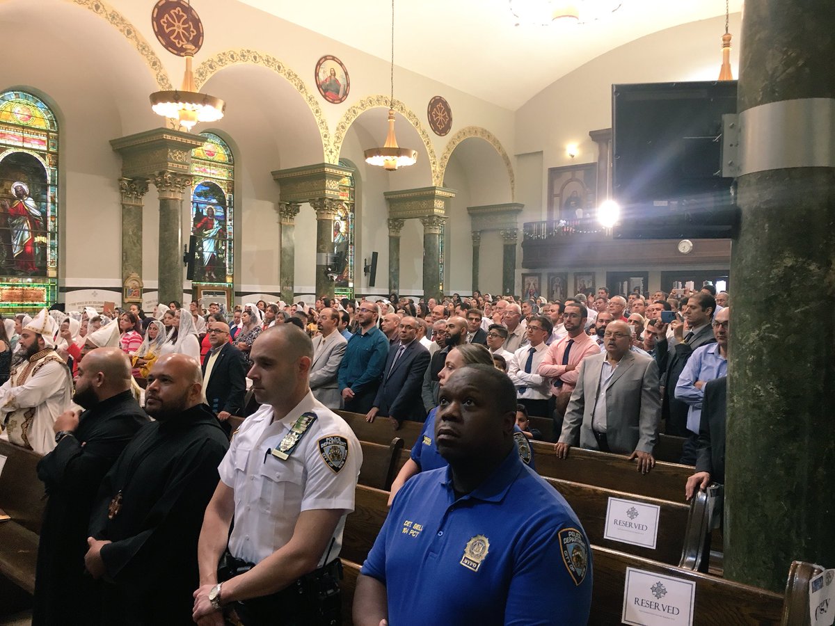 NYPD104Pct's tweet photo. #HappeningNow The 2018 Imminent PAPAL visit of His Holiness Pope Tawadrous II to the United States. Stop number 1 @NYPDQueensNorth St. Mary &amp; St. Antonios Coptic Orthodox Church in the #104Precinct. #NYPDConnecting #104PCT https://t.co/4YPYTfz23s