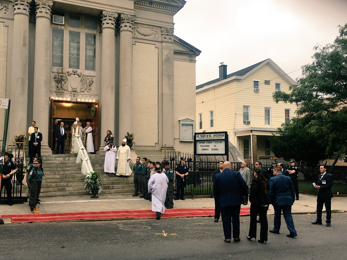 NYPD104Pct's tweet photo. #HappeningNow The 2018 Imminent PAPAL visit of His Holiness Pope Tawadrous II to the United States. Stop number 1 @NYPDQueensNorth St. Mary &amp; St. Antonios Coptic Orthodox Church in the #104Precinct. #NYPDConnecting #104PCT https://t.co/4YPYTfz23s