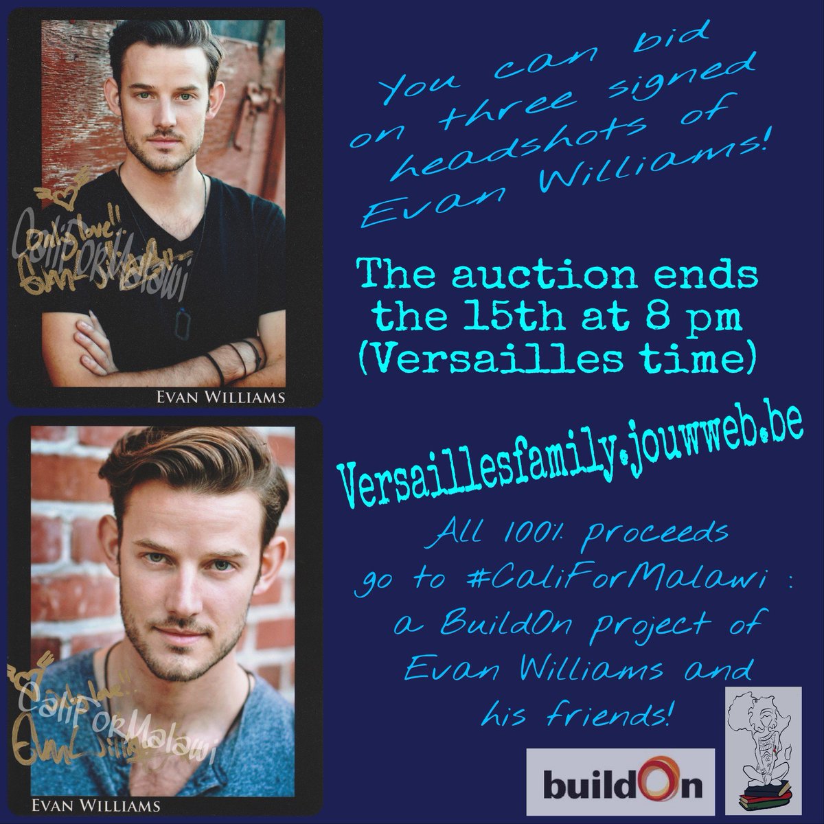 These amazing talented #Versailles actors <a href="/gblagden/">George Blagden</a> , <a href="/stuartbowman/">Stuart Bowman</a> , <a href="/RunyanTygh/">Tygh Runyan</a> &amp; of course Evan were so kind to send in signed headshots to be signed off for <a href="/evan_m_williams/">Evan Williams</a> #CaliForMalawi fundraiser. Only 24 hrs to bid on these!
To bid go to : versaillesfamily.jouwweb.be