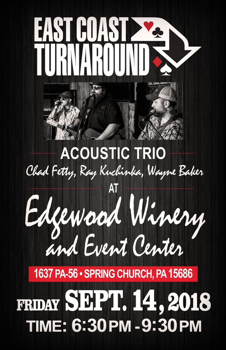 ectband's tweet photo. Today! @ChadFetty, @raykuchinka and #WayneBaker at @edgewoodwinery in Spring Church, PA. 6:30 pm. (photo credit: @6multipliedby7) #winery #acoustictrio https://t.co/ohaTbo8Lu2