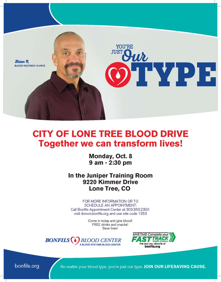 CityofLoneTree's tweet photo. Help save lives by donating blood! Sign up for the City of Lone Tree's upcoming blood drive with @bonfilsdotorg Oct. 8. #DonateBlood #SaveLives https://t.co/sng63z6Hl8