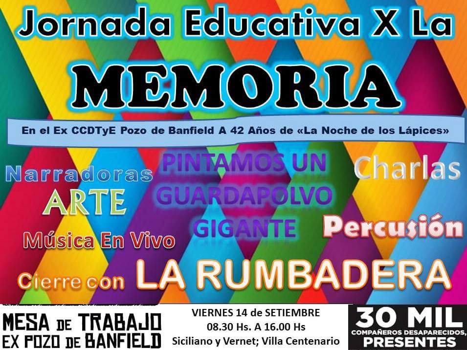 LaRumbadera's tweet photo. En un ratito tocamos en el @pozodebanfield 
#Memoria #Verdad #Justicia
#NuncaMás 
@ExPozoOficial https://t.co/dB4mLCb1XR
