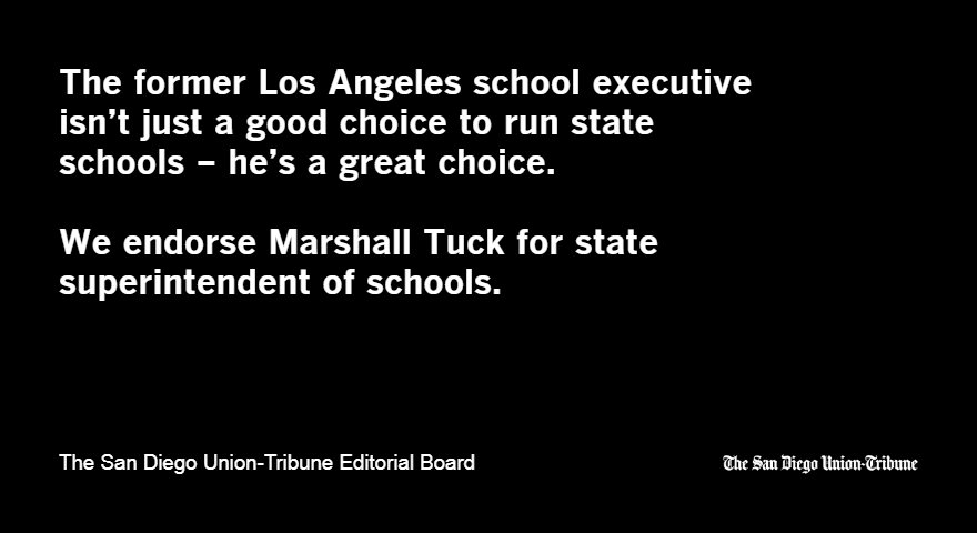 sdutOpinion's tweet photo. This Editorial Board endorses Marshall Tuck for state superintendent of schools.

https://t.co/ktCgoggTgv https://t.co/2LkyMzlJes