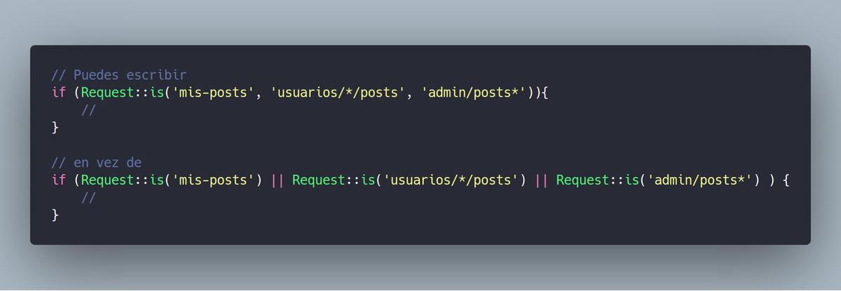 clemir's tweet photo. ¿Sabías que el parámetro del método Request::is() de #Laravel es dinámico y acepta patrones? #StydeTip https://t.co/SJoRj6LNtc