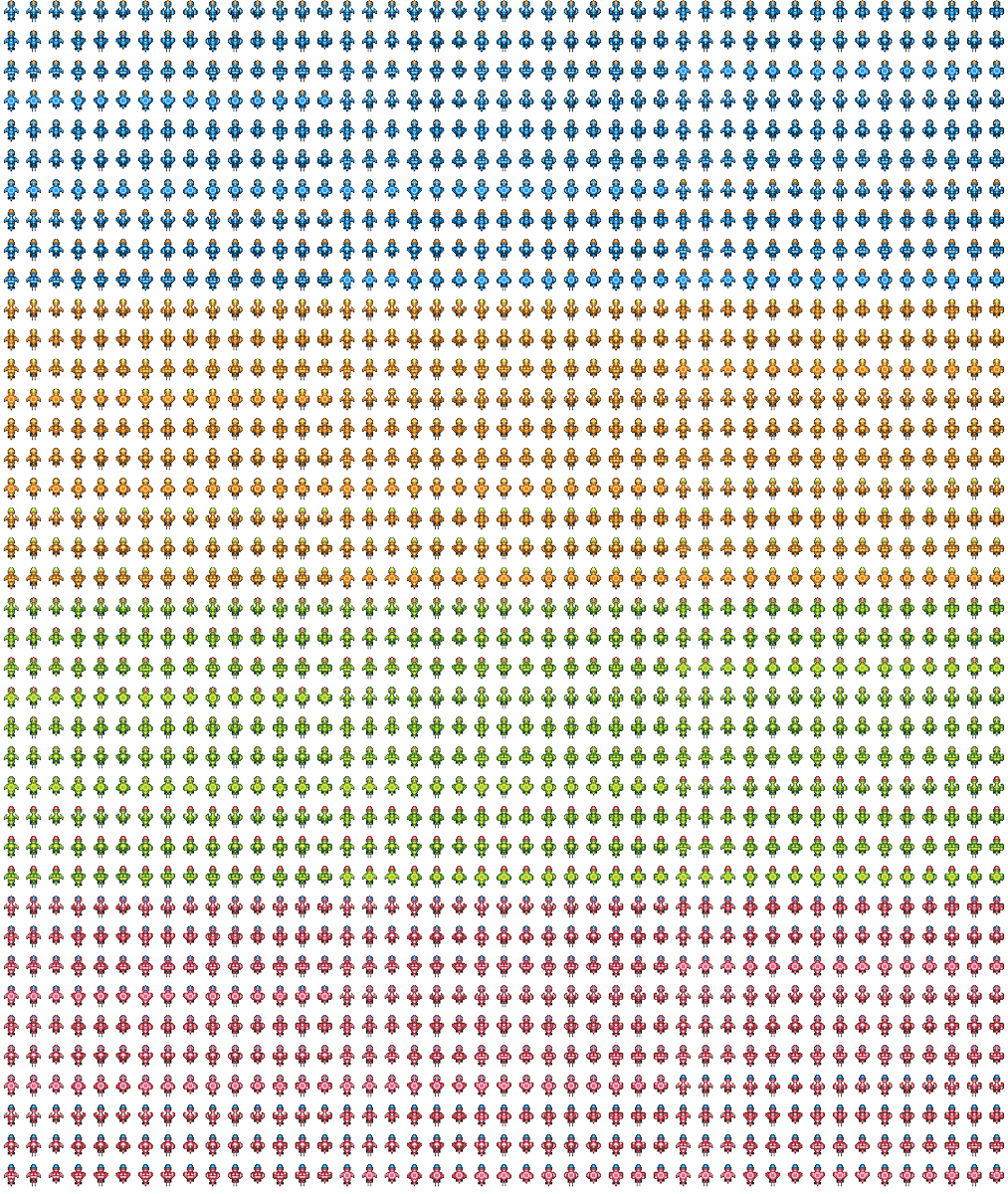 keithkarnage's tweet photo. Every possible player ship variation in my #js13k entry #SpaceForce.  3 cockpits x 5 bodies x 10 wings x 3 thruster styles = 450 minor variations in 4 palettes.  #pixelArt #indieDev #gameDev #ProcGen https://t.co/0pa4Nhs01v