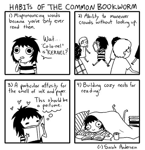 goodreads's tweet photo. Which common bookworm habit do you practice? (via @SarahCAndersen) https://t.co/61l84UaPDf